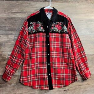 Solutions Blues Elegant Red Plaid Floral Button Down Shirt